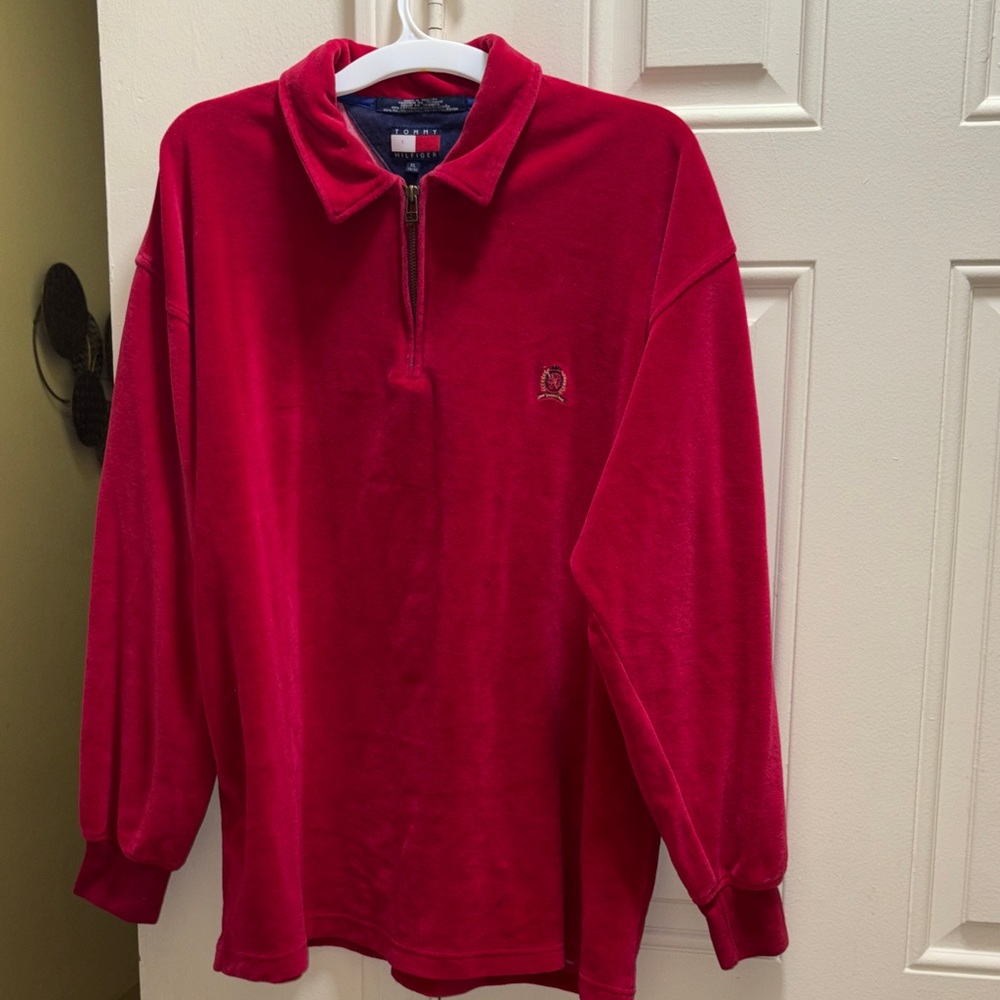 Vintage Tommy Hilfiger Bold Red Velour Quarter-Zip Sweatshirt